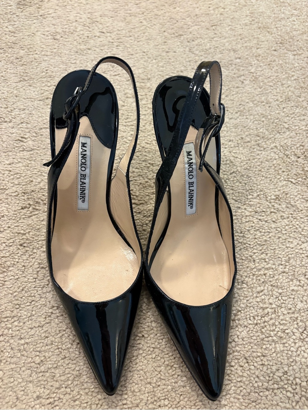 Manolo Blahnik Black Patent Pointed-Toe Slingback Pumps